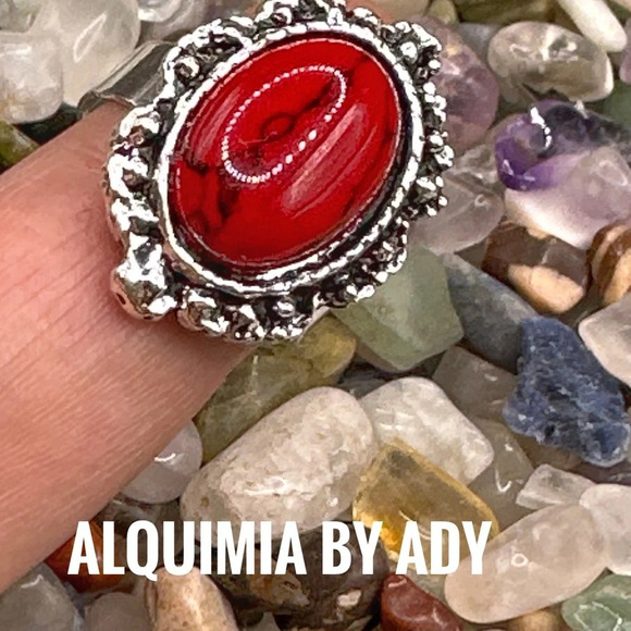 Adjustable Victorian Celtic cocktail vintage silver gem ring red turquoise - Picture 2 of 5